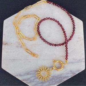 Paperclip chain Garnet Necklace Gold half and half choker front sun pendant